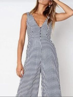 Ecowish Striped Blue & White V-Neck Jumpsuit
